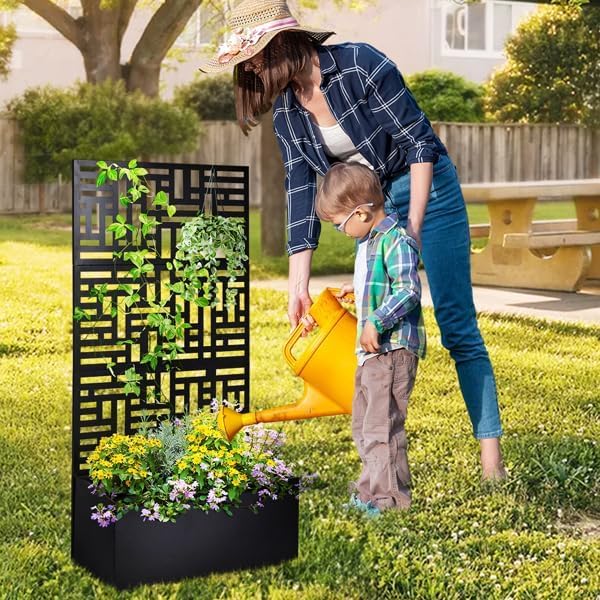Metal Raised Garden Bed with Trellis Galvanized Planter Metal Planter Box with Trellis 24 L x 9.1 W x 44.5 H (Grid Maze)