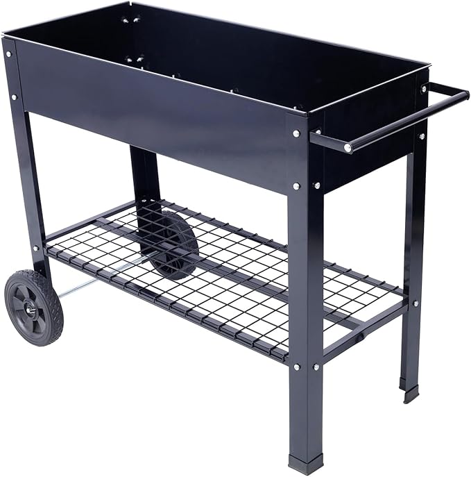 ZeHuoGe Products Elevated Mobile Raised Ergonomic Metal Planter Garden Bed for Backyard Patio w/Wheels Lower Shelf 42.5 L x20.8 W x31.5 H Black