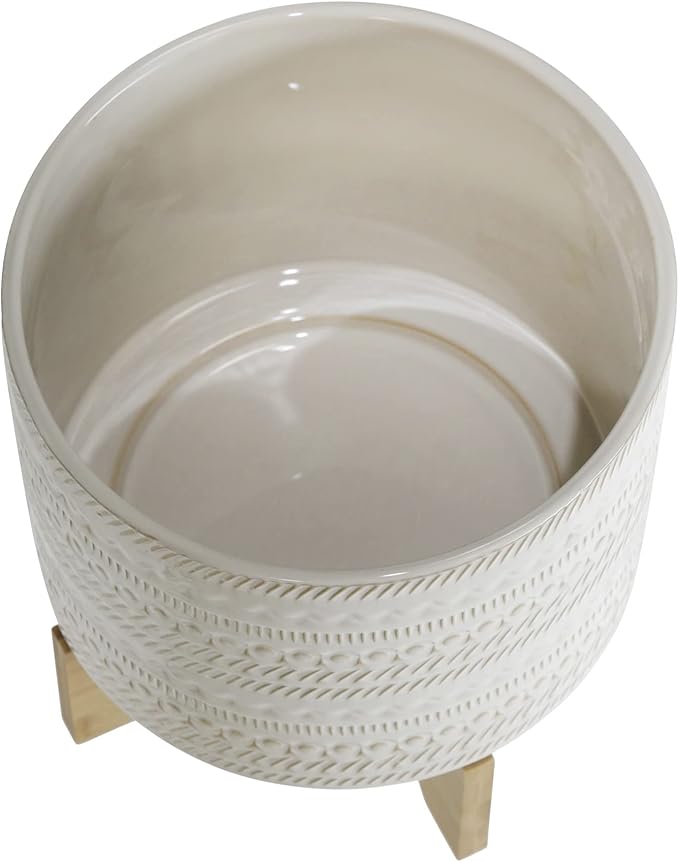 Generic 10 Tribal Planter W Wood Stand Beige