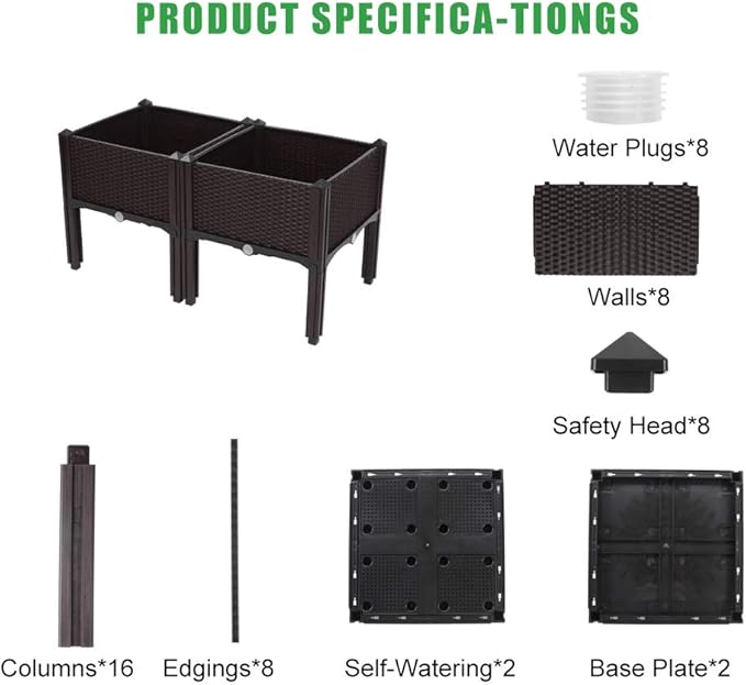 Raised Garden Bed with Legs Outdoor Plastic Elevated Planter Box Free Splicing Growing Bed with Rattan Pattern &amp Drainage Holes for Vegetables Herbs and Flowers Brown 2 Sets