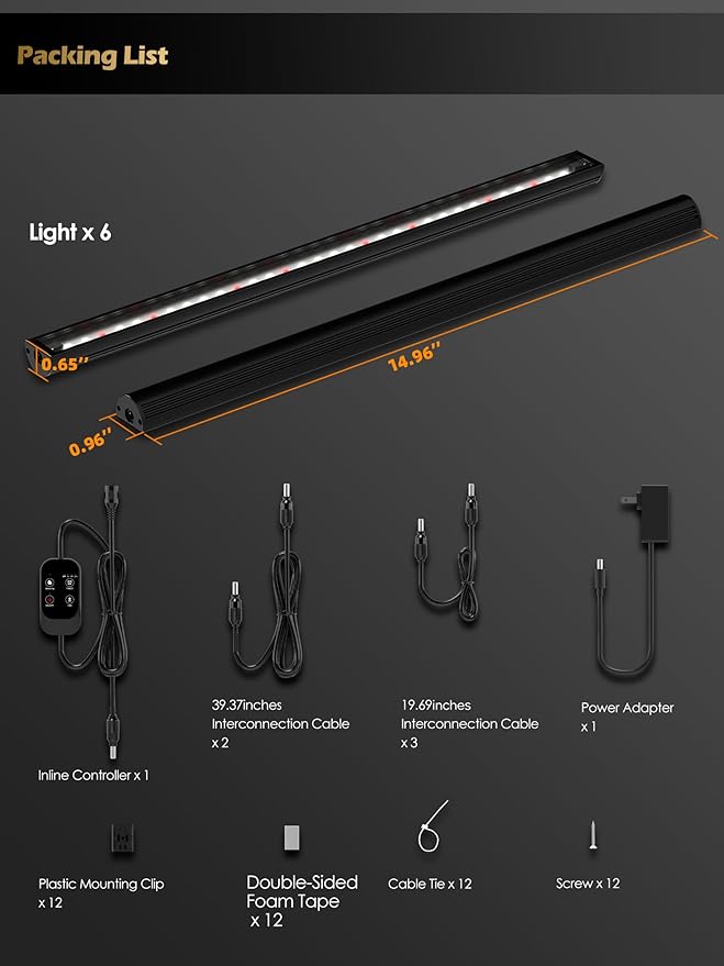 Smart Grow Light for Indoor Plants3500K Full Spectrum LED Plant Light Strips with 3/9/12H Auto TimerStepless DimmingModular DesignPlug and Play (Black 6 Pack 48W)