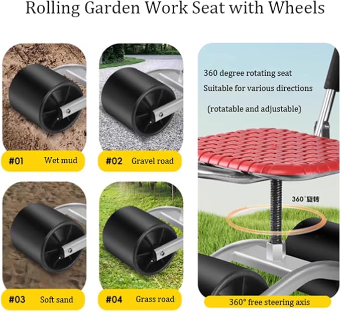 Mobile Gardening Stool Patio Gardening WorkseatGardening WorkseatsRolling Garden Work SeatLazy Garden Seat with Steering Handle &amp Tool TrayAdjustable Height 360°Swivel SeatA