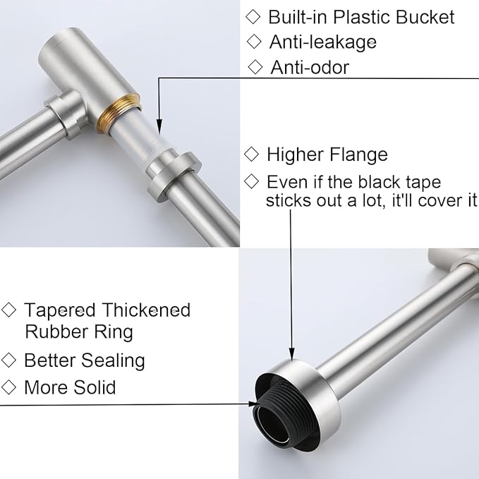 RANDOM Brass Round Bottle P-Trap 1 1/4Raise and Lengthen Adjustable Basin Sink Waste Drain Trap KitBrushed Nickel.RD-83888BN-L