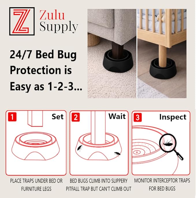 Bed Bug Interceptor Traps – Black 8-Pack Passive Monitor &amp Detection Trap – Universal Fit for Bed &amp Furniture Legs – Reusable Non-Climbable Wall Pest Control Protection (Black 8-Pack)