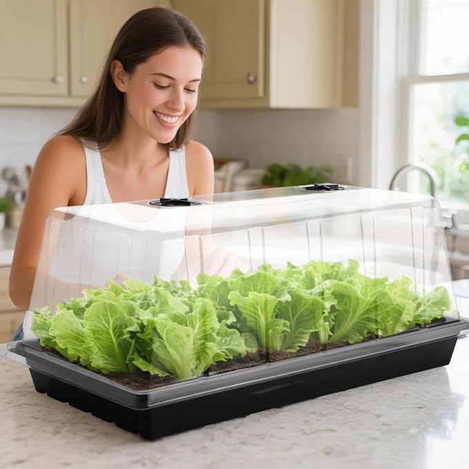 1020 Trays with Tall 7.3'' Dome 10-Pack Extra Large Seed Starter Tray with Humidity Domes Heavy Duty 1020 Seed Trays and Flats with Lid Seed Germination Mini Greenhouse No Hole for Balcony Garden