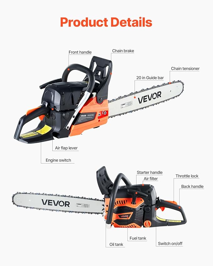 VEVOR 20inch 62CC Gas Powered Chainsaw 3.8 HP 2 Stroke Engine Gas Power Chainsaws with Non-Slip Handle Gas Chainsaws with Dual Fuel Tanks For Wood Cutting Tree Trimming and Land Clearing