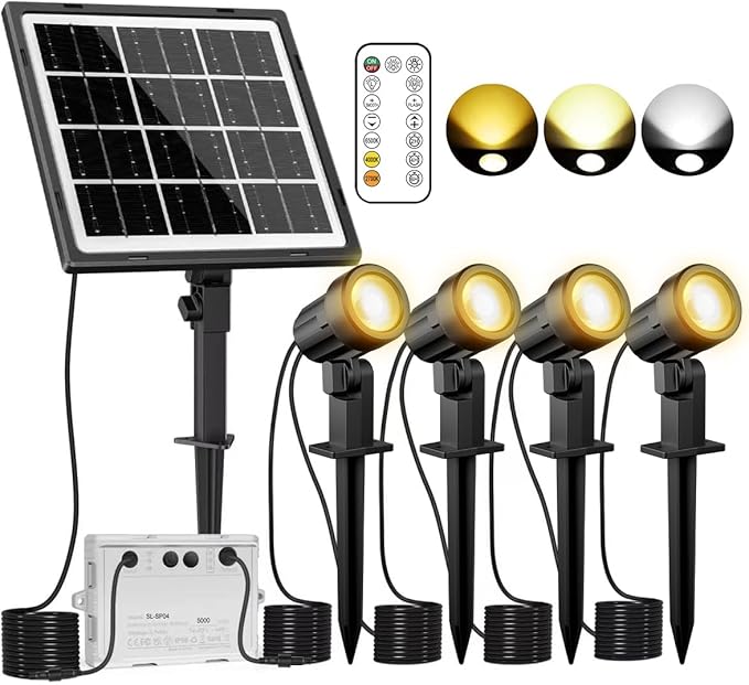 MEIKEE Solar Spot Lights Outdoor 4-in-1 Solar Landscape Lights 4W/6V IP66 Waterproof 2700K/4000K/6500K Outdoor Landscape Spotlights with Remote for Garden Yard Driveway