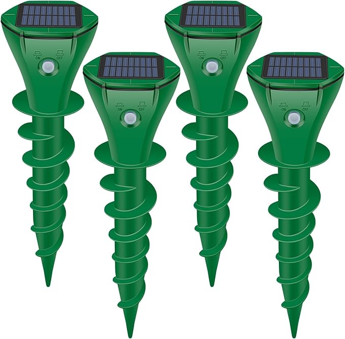 Mole Repellent Solar Powered UltrasonicDeer Repellent DevicesGopher Trap Groundhog RepellerSonic Spikes Get Rid of All Pests Vole ChipmunkCatSkunkSnakeMole Trap for Lawn Garden Yard (4P)