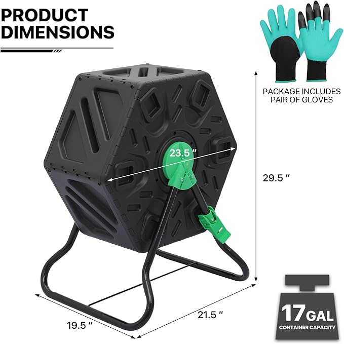 MoNiBloom 17 Gallon Single Compost Tumbler BPA Free Outdoor Light Weight Compost Bin w/Sliding Door All-Season Fast Working Rotating Chamber Composters for Garden Patio
