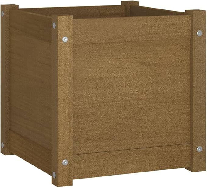 Honey Brown Solid Pinewood Planter Set of 2 Square 15.7 inch Outdoor Garden Planters for Patio Balcony Deck