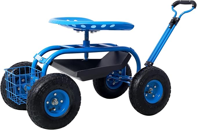 Rolling Garden Scooter Garden Cart Seat with Wheels 360° Swivel Seat Heavy Duty Gardening Cart with Tool Tray and Basket for Yard Lawn Planting (Blue)