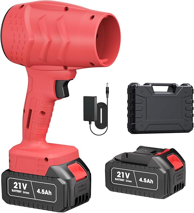 Electric Mini Leaf Blower Powered Handheld Blower Leaf Adjustable Wind Speed Cordless 21V Battery Blower with 2 Rechargeable Batteries and Charger Toolbox for Yard Leaf &amp Snow Removal(Red)