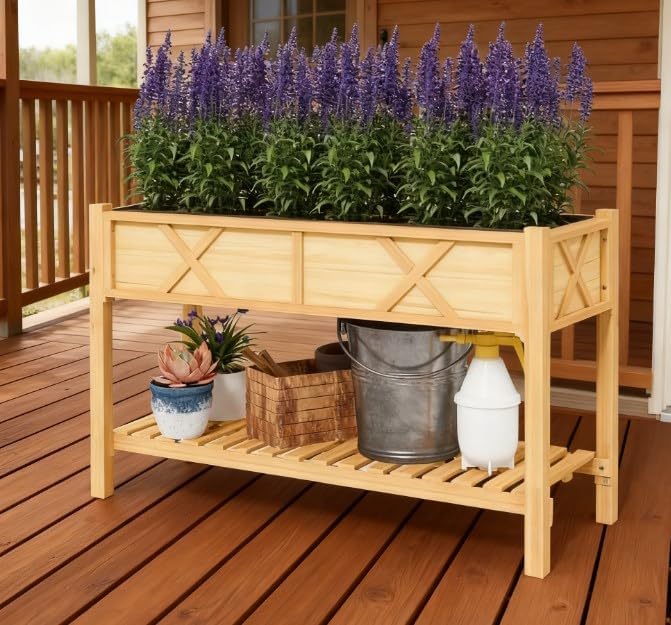 Dual-Tier Elevated Wood Planter Box with Storage Shelf – Raised Garden Bed with Drainage Holes &amp Non-Woven Liner – Weather-Resistant Painted Fir Wood for Outdoor Gardening (Natural Wood)