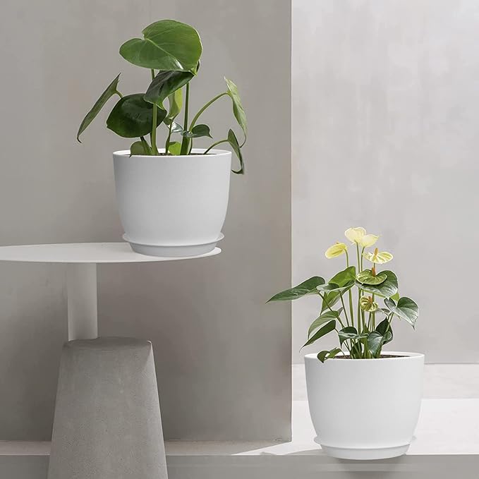 12/10/9 Large Plant Pots Plastic Planters with Drainage Holes and Saucers for Indoor Outdoor Plants Flowers White