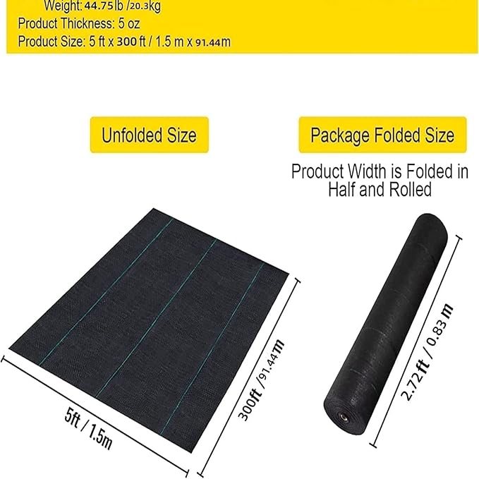 Double Layer Heavy Duty Weed Barrier Fabric - 5oz Woven Ground Cover for Gardens Lawns &amp Driveways - UV Resistant Commercial Grade Breathable Durable Easy Install - Size: 5ft x 300ft