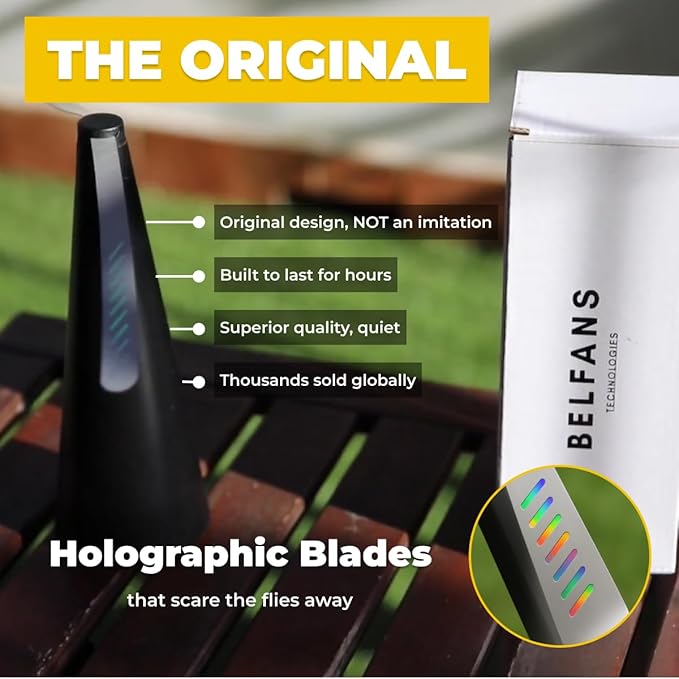 Belfans FlyRepellent Fan for Tables – USB Powered/Rechargable Soundless Fly Swatter with Holographic Blades and Portable Fly Fan for Bees Wasps &amp Outdoor Use (1 Black Rechargeable)