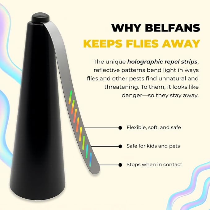 Belfans FlyRepellent Fan for Tables – USB Powered/Rechargable Soundless Fly Swatter with Holographic Blades and Portable Fly Fan for Bees Wasps &amp Outdoor Use (1 Black Rechargeable)