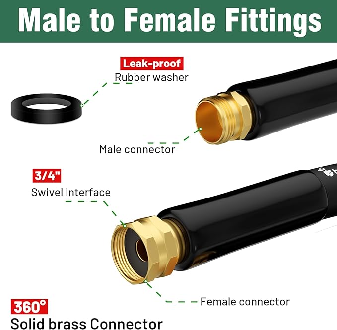 Garden Hose 25 ft x 5/8 in Heavy Duty Water Hose Flexible and Durable Lightweight Rubber Hybrid Hose Leak-Free Connections Male to Female 3/4'' Brass Fittings for Patio Lawn Black