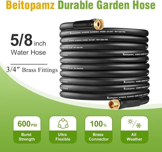 150 ft Garden Hose 5/8 in Heavy Duty Water Hose Flexible and Durable Lightweight Rubber Hybrid Hose Leak-Free Connections Male to Female 3/4'' Brass Fittings for Patio Lawn Black
