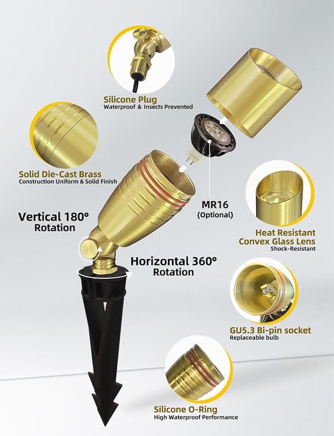 COLOER Die-cast Brass Landscape Spotlight 10-Pack with 5W Aluminum Housing LED MR16 Bulb12V AC/DC Low Voltage Copper Outdoor Lighting Directional Garden Patio Spot Up Light (102B Copper Finish)