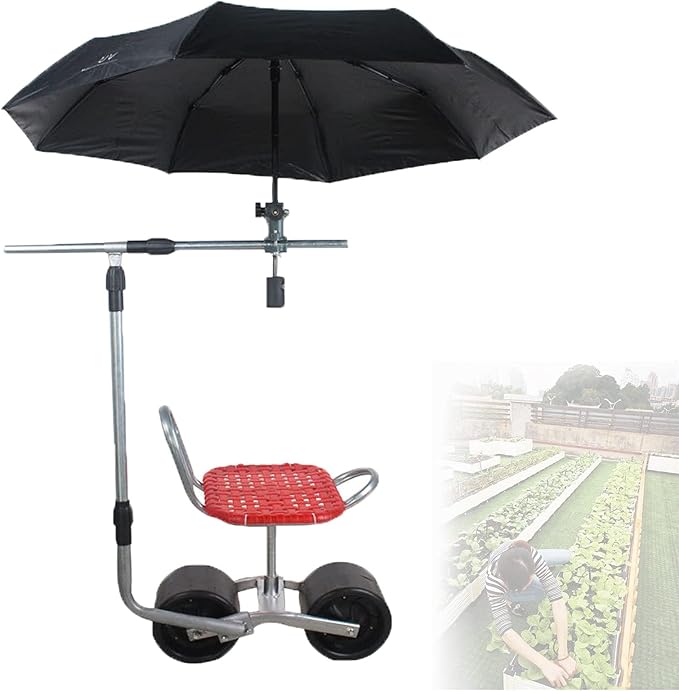 360 Degree Swivel Rolling Garden Seat Adjustable Height Garden Stool with Wheels Garden Cart with Mobile Backrest Garden Scooter for Weeding (Umbrella Stand Included Umbrella not Included)