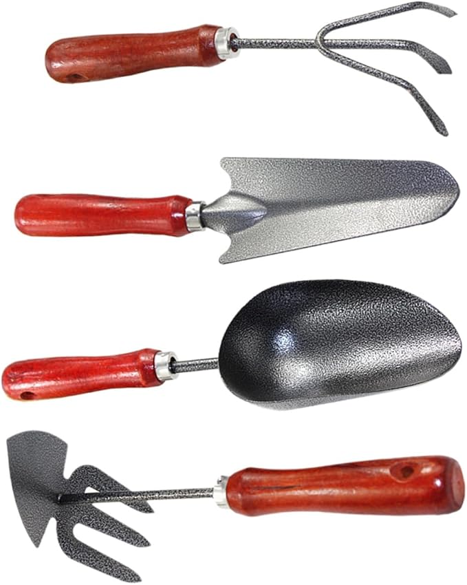 4pcs Mini Garden Tool Set with Extended Narrow Spade Triple-Claw Rake Dual-use Pointed Hoe Soil Scoop for Planting and Flower Gardening