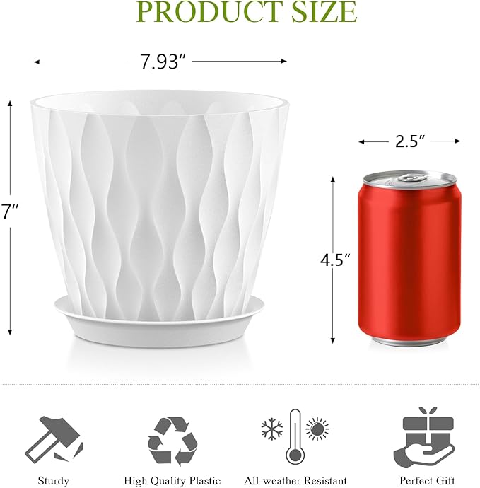8 Inch Plant Pots with Saucers (4 Pack) - Modern Ribbed Flower Pots for Indoor Plants - Sturdy Decorative Planters for Snake Plant &amp Flowers - Drainage Holes (4 White)