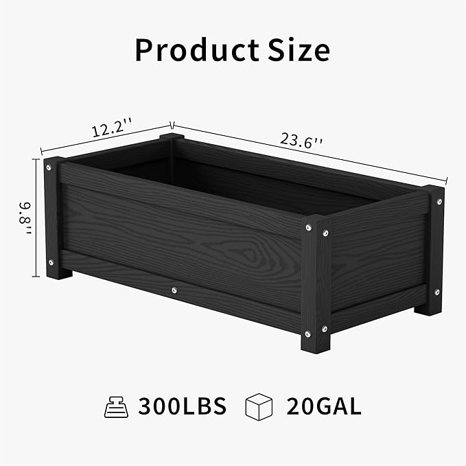HDPE Planter Box All-Weather Outdoor Garden Bed Easy to Assemble Drainage System Low Maintenance Non-Fading for Flower/Herb/Seed (Black)