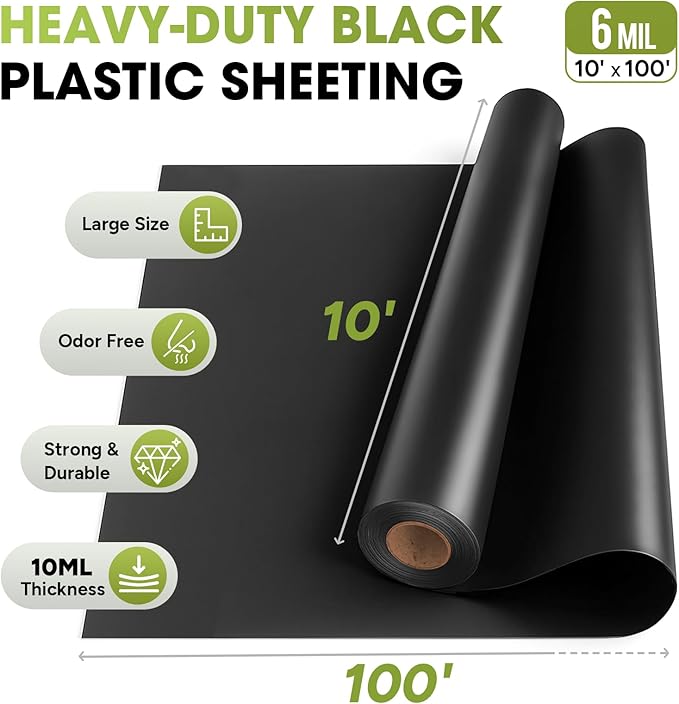 6 Mil Black Plastic Sheeting 10x100 FT – Heavy Duty Polyethylene Plastic Rolls for Garden Black Plastic Rolls for Crawl Space Vapor Barrier Construction Landscaping Weed and Moisture Control