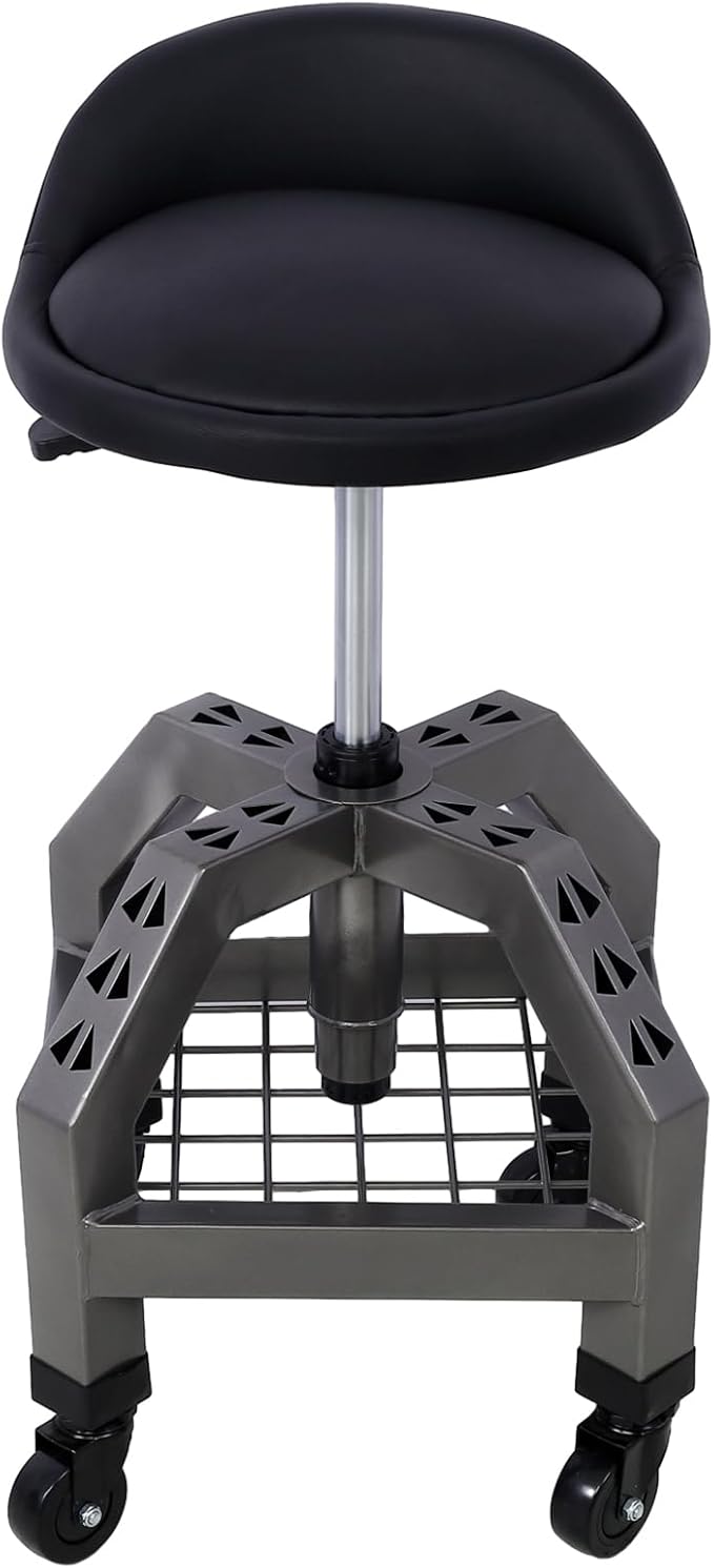 Pneumatic 360 Degree Swivel Stool Mechanics Rolling Shop Stool with Casters Tool Shelf Storage 300lbs Max Weight Capacity Heavy Duty Garage Seat for Shop Grey One Size