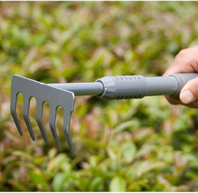 Garden Tool Set 4 PCS Heavy Duty Carbon Steel Gardening Tool Set with Non-Slip Rubber Grip Silver Rake Outdoor Hand Tools Set Beach Comb Tool Kit Gifts for Women and Men (Hand rake)