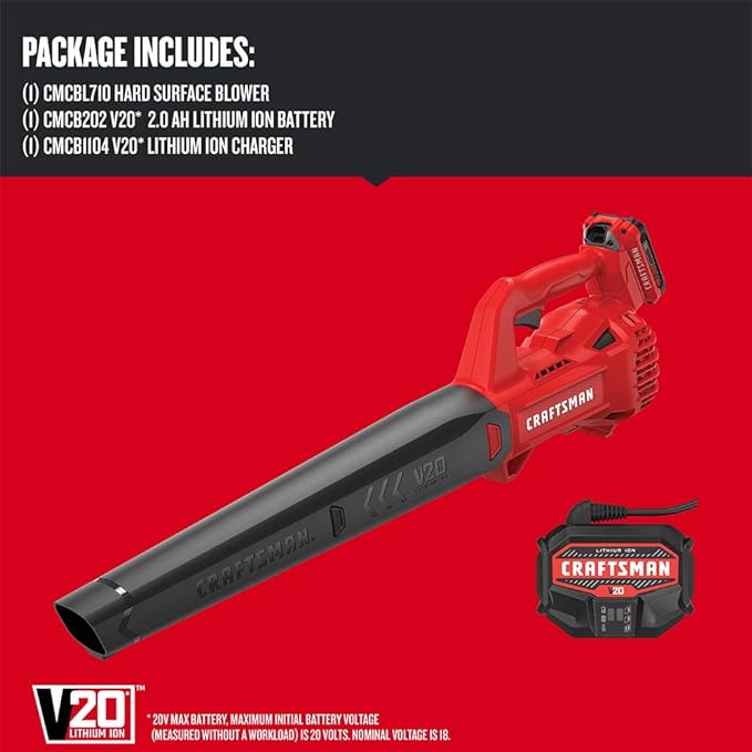 CRAFTSMAN 20V MAX Cordless Leaf Blower with Battery and Charger Hard Surface Electric Leaf BlowerPowerful up to 90 MPH Red (CMCBL710D1)