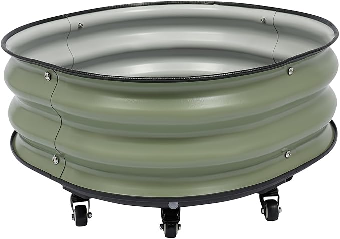 DYNAMI Self-Watering Raised Garden Bed with Wheels23.6in Round Rolling Planter Box Metal Elevated Raised Bed with Drainage Plug for Indoor Outdoor Gardening