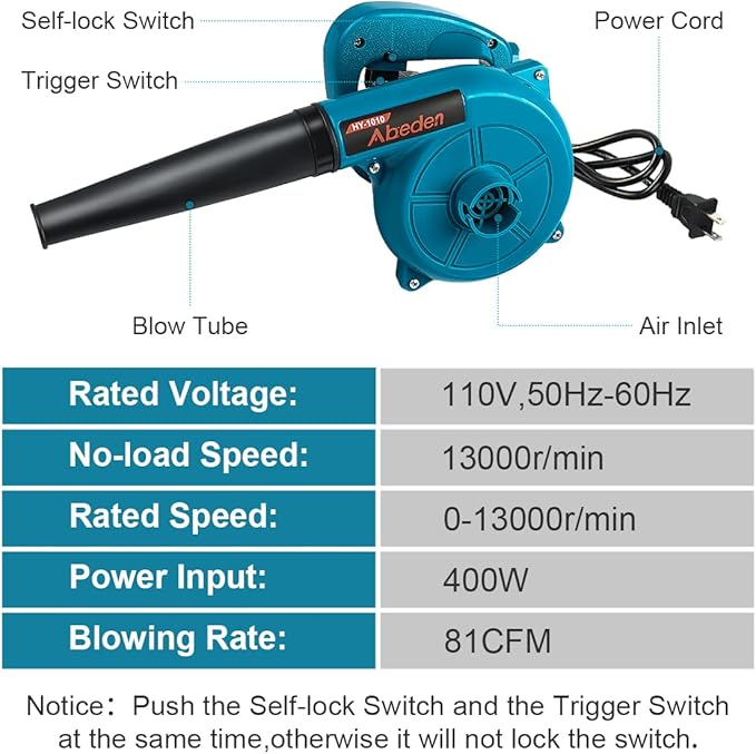 Corded Electric Leaf Blower2 in 1 Small Handheld Lightweight Sweeper/Vacuum110V 400W Portbale Blower for Leaf/Snow/Dust Blowing (Blue)