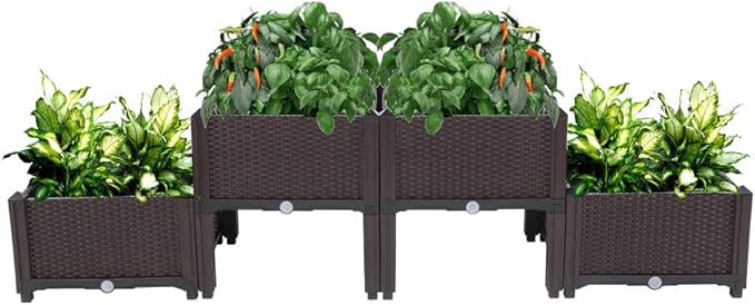 Planter Raised Beds KitsGarden Bed with Self Watering Planter Box and Drainage Plugfor Flowers Vegetables and Garden Patio Balcony Restaurant Easy Assembly (Set of 4Brown)