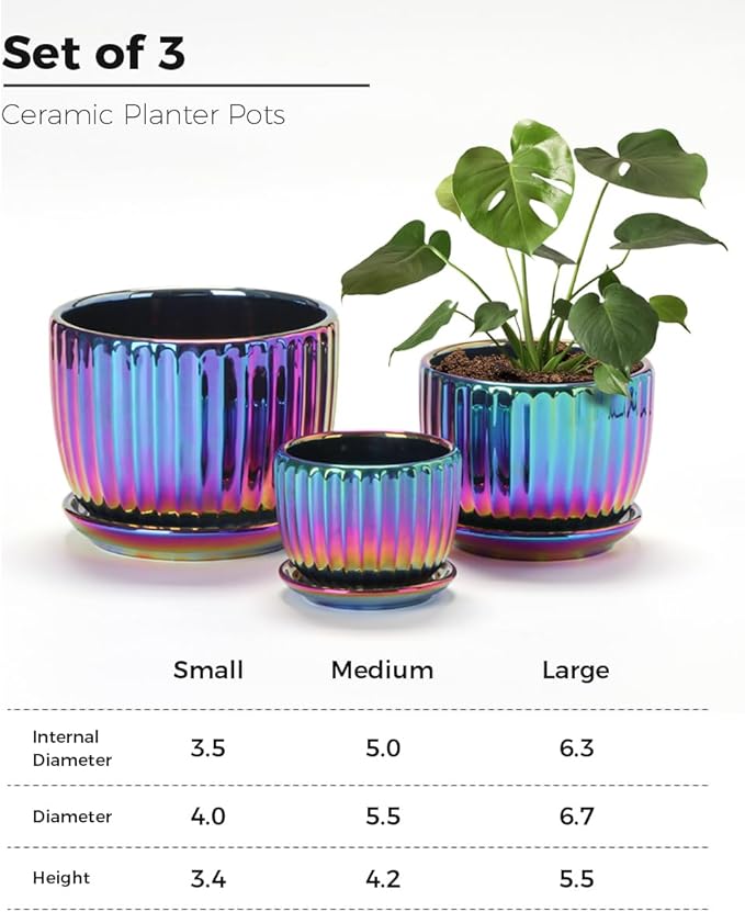 Ton Sin Flower Pots Purple Ceramic Plant Pots Set of 3Small Glazed Succulent Pots with Drainage HoleCactus Planter with SaucerOutdoor Garden Pots (Colorful Gold)