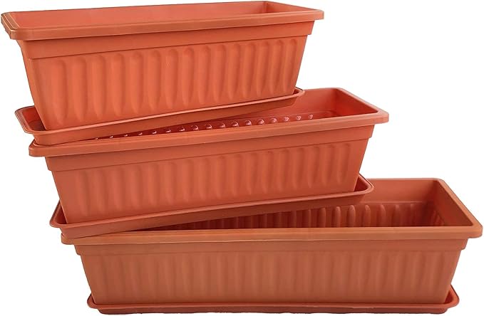 5 pcs / Length 16.8 inch Brick Red Plastic Window Plants Boxes with Tray/ for FlowerVegetablesPlants Nursery Seedling in The GardenPatioIndoor OutdoorPBR8003-5-T23.25 inx8 inx5.75 in