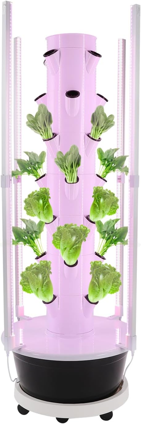 Vertical Hydroponics Growing System Kit 28-Plant Hydroponics Growing Tower with Led Lighting 24-Hour Cycle Timer H.Max 18.04ft Q.Max 211.33Gal/h for Fruits Vegetables Indoor Gardening