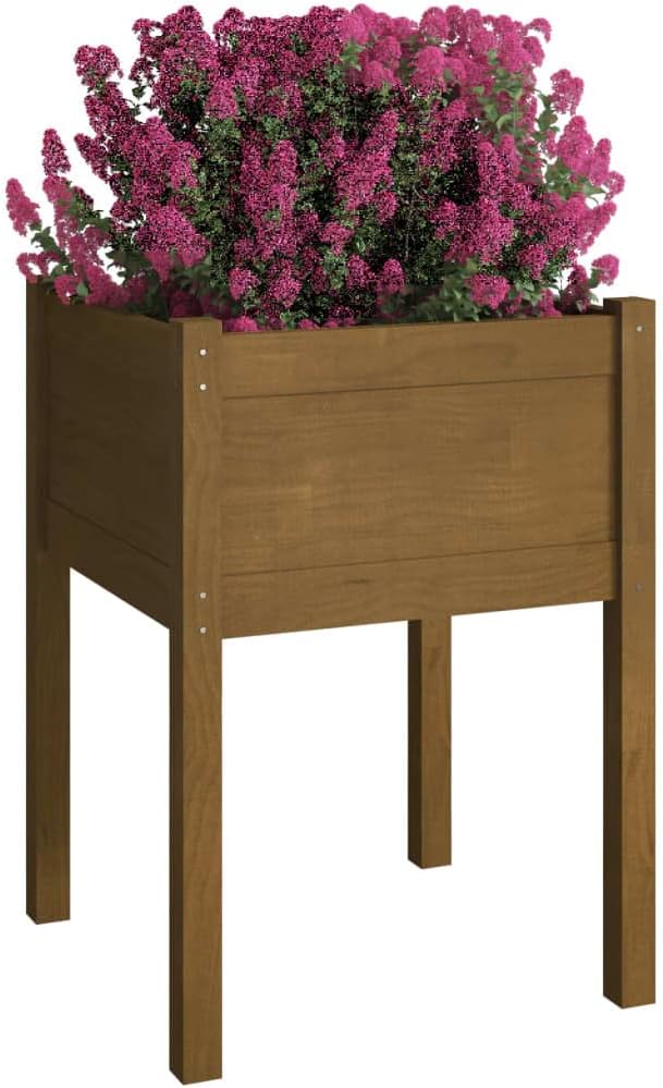 Raised Planter Set of 2 Honey Brown Solid Pinewood 19.7x19.7x27.6 in Rustic Elevated Garden Box for Patio Balcony Terrace and Outdoor Flower Beds