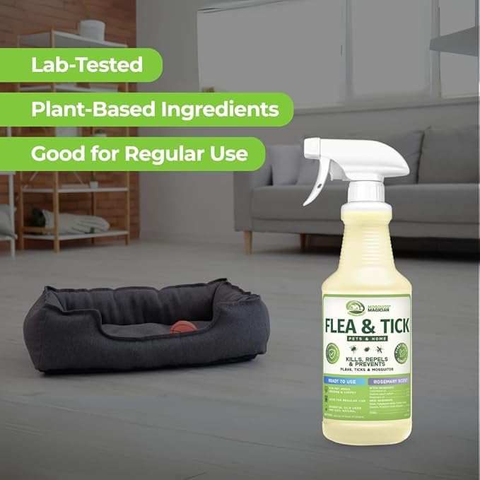 Mosquito Magician Indoor and Outdoor Flea &amp Tick Spray - Use for Carpet Furniture Bedding Couches &amp Pets – Plant-Sourced with Essential Oil – Lemongrass 16 OZ