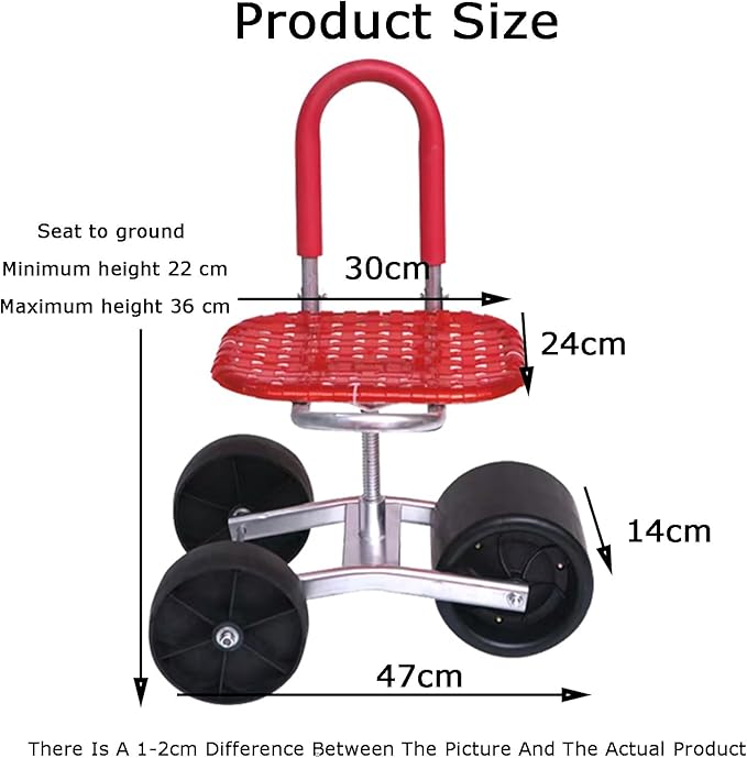 Garden Stool with Wheels Rolling Gardening Helper Bearing 150kg Adjustable Height 22-36cmfor Orchards Farms(Red)