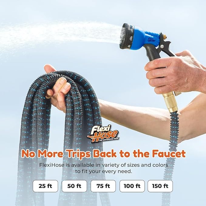 Flexi Hose Expandable Garden Hose with 8 Function Nozzle 25FT - Lightweight Retractable Garden Hose Water Hose - No-Kink Flexibility 3/4 Inch Solid Brass Fittings and Double Latex Core