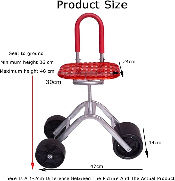 Garden Stool with Wheels36-48cm Adjustable HeightRolling Gardening Cart Bearing 150kgfor Orchards Farms Home(Red)