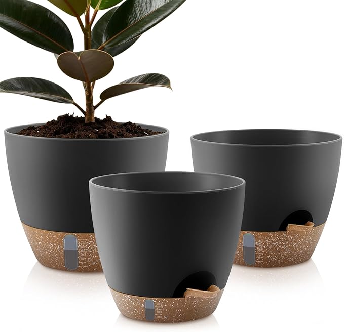 Self-Watering Plant Pots with Water Level Indicator Drainage Holes &amp Saucers – 12/10/9 Inch Large Plastic Planter Set for Indoor &amp Outdoor Plants(Black)