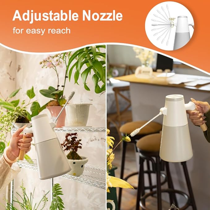 Electric Plant Mister with 180° Adjustable Long Nozzle 2 Spray Modes Battery Operated Garden Sprayer for Indoor Outdoor Plants – Minimalist White Design with Wood Grain Handle
