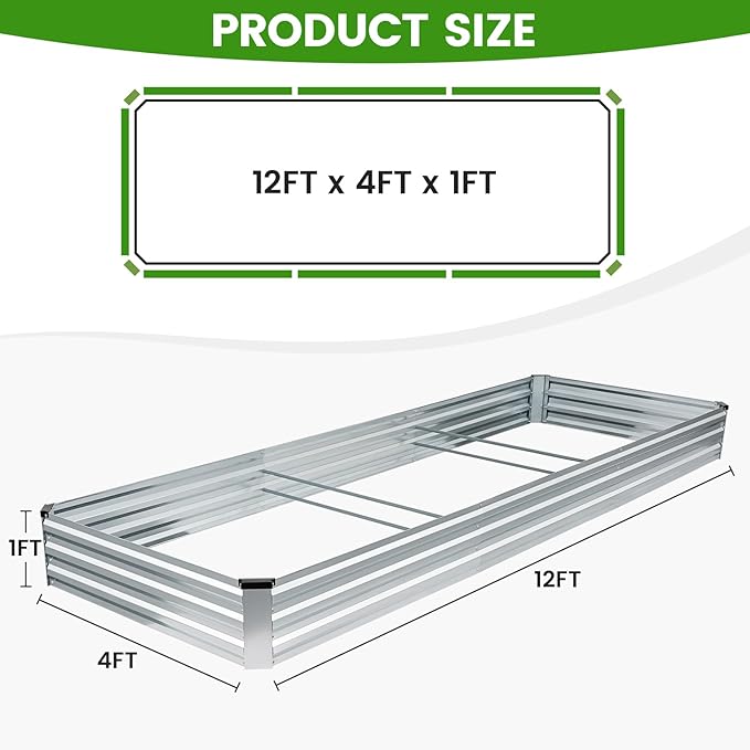 G GOOD GAIN 12x4x1ft Galvanized Raised Garden Bed Heavy-Duty Metal Planter Boxes Outdoor for Vegetables Flowers Herbs Silver(1 Pack)