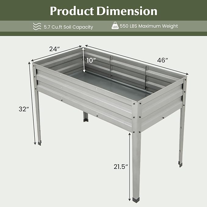 HAPPYGRILL Raised Garden Bed Galvanized Garden Box with Legs Drainage Holes 2 Gloves Outdoor Planter Box for Garden Backyard &amp Patio 46”x 24” x 32” Sliver