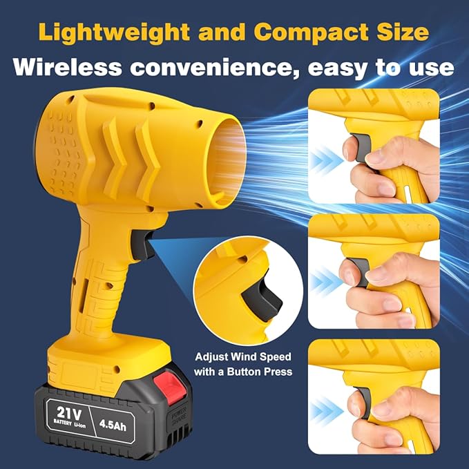 Electric Mini Leaf Blower Powered Handheld Blower Leaf Adjustable Wind Speed Cordless 21V Battery Blower with 2 Rechargeable Batteries and Charger Toolbox for Yard Leaf &amp Snow Removal(Yellow)