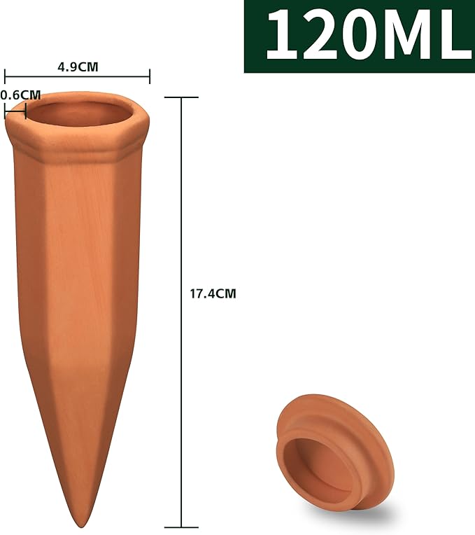 Large Terracotta Watering Spikes with Lids Automatic Plant Waterer Outdoor | Indoor Vacation Friendly Clay Plant Watering Devices System Slow Release Self Watering Planter Insert 6 Pack
