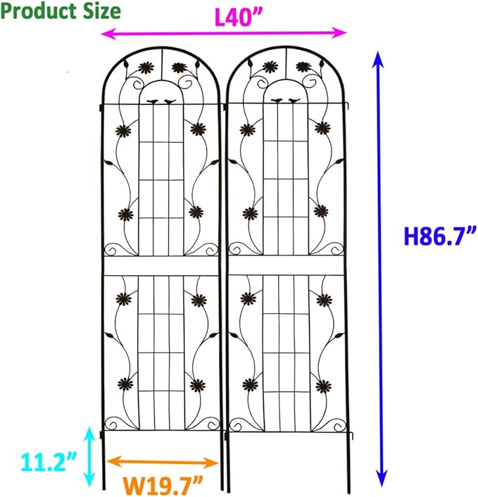 Metal Garden Trellis for Climbing Plants Vines Rose Rustproof Trellis for Outdoor Decor Garden Backyard Patio Outdoor Flower Support Easy Assembly 86.7 x 19.7 (Black 2 Pack)